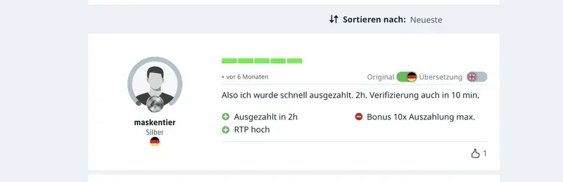 AskGamblers-Bewertung von maskentier zu Spinsino: 5 von 5, „Also ich wurde schnell ausgezahlt. 2h. Verifizierung auch in 10 min.“, vor 6 Monaten