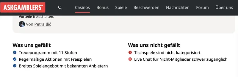 AskGamblers-Test zu Spinsino von Petra Ilić: Was uns gefällt – Treueprogramm, Aktionen mit Freispielen, breites Spielangebot; was uns nicht gefällt – Tischspiele nicht kategorisiert, Live Chat für Nicht-Mitglieder schwer zugänglich