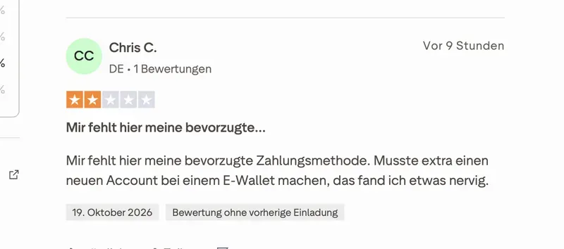 Trustpilot-Bewertung von Chris C. zu Spinsino: 2 von 5 Sternen, „Mir fehlt hier meine bevorzugte…“, 19. Oktober 2026