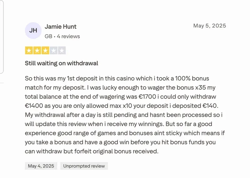 Trustpilot-Bewertung von Jamie Hunt zu Spinsino: 3 von 5 Sternen, „Still waiting on withdrawal“, 5. Mai 2025