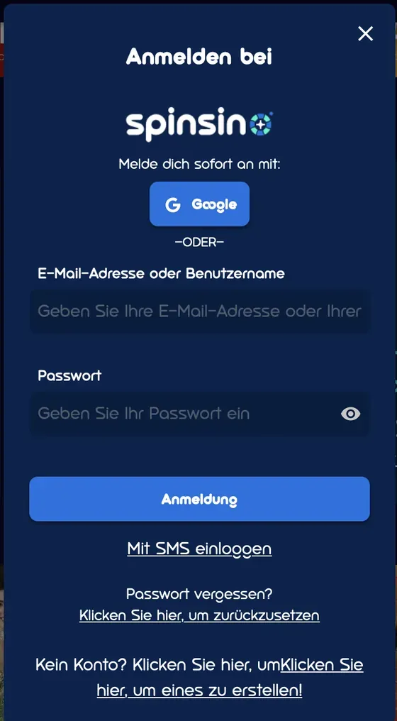 Spinsino Login: Anmelden mit Google, E-Mail-Adresse oder Benutzername und Passwort, SMS-Login, Passwort zurücksetzen